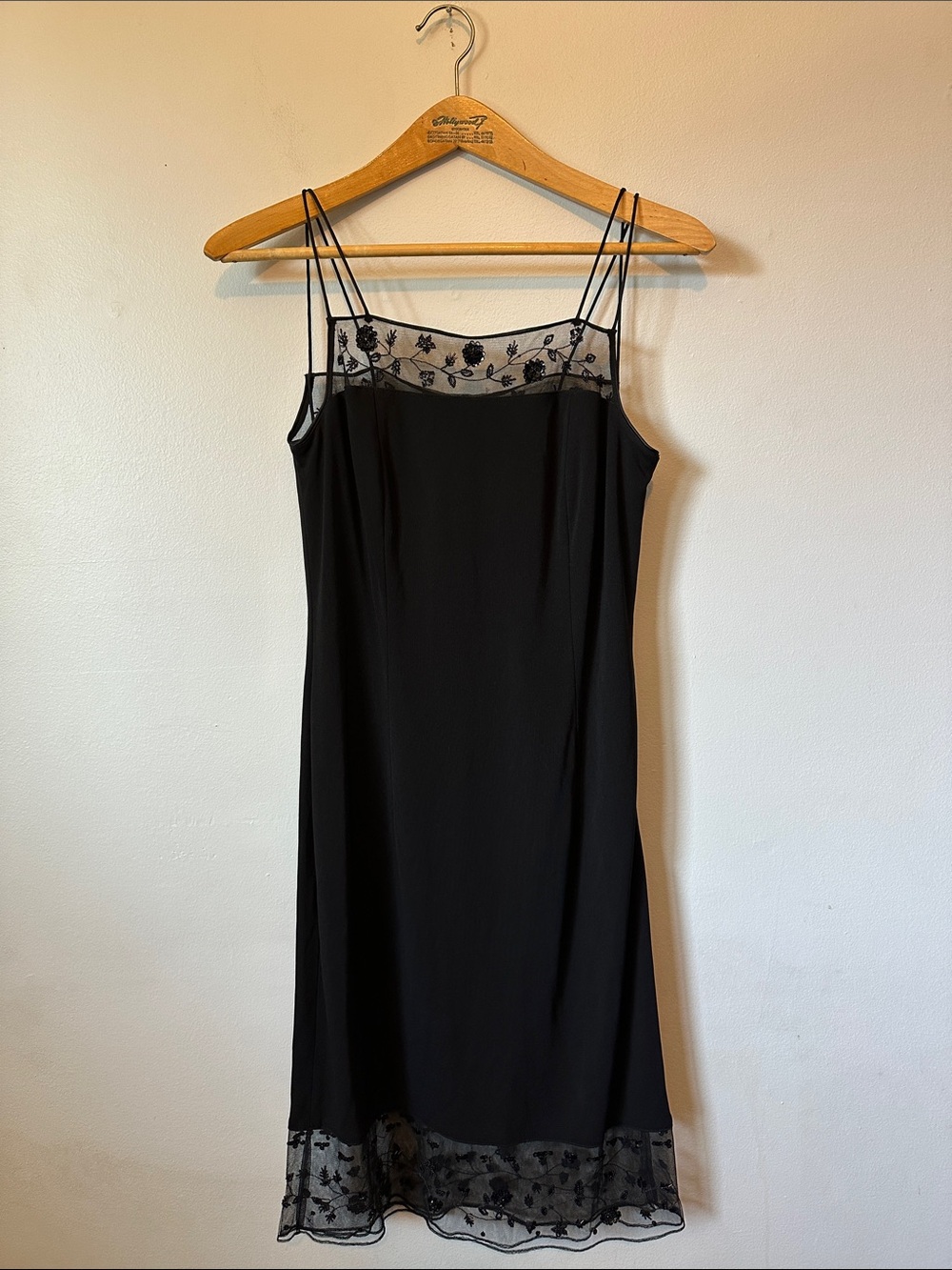 Rimini Vintage Beaded Black Slip Dress with Sheer Floral Trim Women's 12
